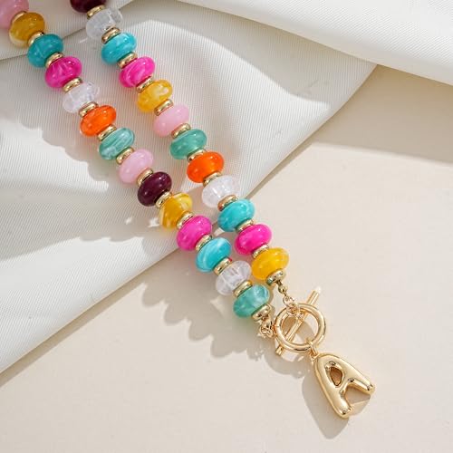 NIKOLUX Colorful Initial Necklaces for Women Chunky Resin Beaded Toggle Necklace 14K Gold Plated A-Z Bubble Letter Pendant Necklace Trendy Summer Beach Handmade Jewelry Gift - color: Colorful-A