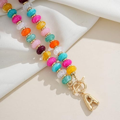 NIKOLUX Colorful Initial Necklaces for Women Chunky Resin Beaded Toggle Necklace 14K Gold Plated A-Z Bubble Letter Pendant Necklace Trendy Summer Beach Handmade Jewelry Gift - color: Colorful-A