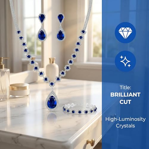 Silver Plated Necklace Earrings Bracelet Crystal Bridal Wedding Jewelry Sets for Wedding princess birthday party Halloween Prom Pageant Jewelry - color: 1-blue