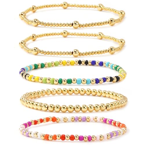 Colorful Gold Plated Stackable Ball Seed Beaded Bracelets Set For Women, Boho Handmade Romantic Stretch Accessories Jewelry, Daily Wear Holiday Party Friendship Gift - color: Rainbow
