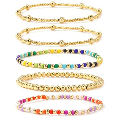 Colorful Gold Plated Stackable Ball Seed Beaded Bracelets Set For Women, Boho Handmade Romantic Stretch Accessories Jewelry, Daily Wear Holiday Party Friendship Gift - color: Rainbow