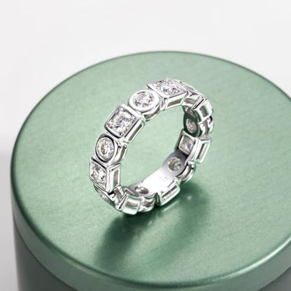 Moissanite Eternity Ring, S925 Sterling Silver Wedding Band for Women - style: Geometric Bezel Eternity Band