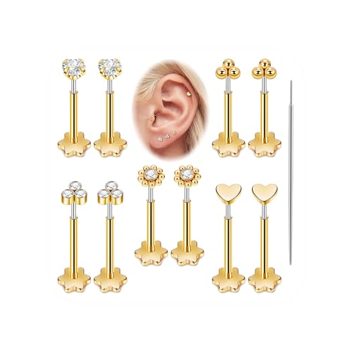 5Pairs 18G 20G Threadless Earring for Women 316L Stainless Steel Push in Earrings CZ Flower Flat Back Stud Earrings Cartilage Helix Tragus Lobe Stud Labret Monroe Threadless Nose Studs