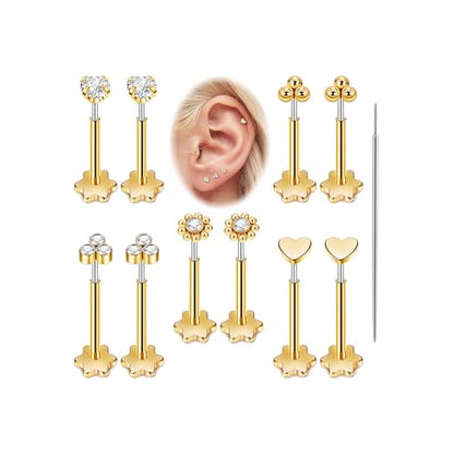 5Pairs 18G 20G Threadless Earring for Women 316L Stainless Steel Push in Earrings CZ Flower Flat Back Stud Earrings Cartilage Helix Tragus Lobe Stud Labret Monroe Threadless Nose Studs