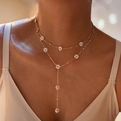 Dainty Layered Pearl Choker Necklace for Women Dainty Chain Necklaces Daisy Pearls jewelry Valentine Day Graduation Bride Gifts - color: daisy flower pearl