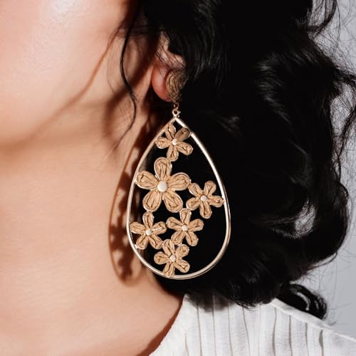 Boho Raffia Flower Teardrop Earrings Cute Colorful Dangle Trendy Jewelry | Floral Drop Statement Big Dangling Earring Hypoallergenic Gold Fun Unique Summer Spring Beach Vacation Outfits for Women - color: Bronze