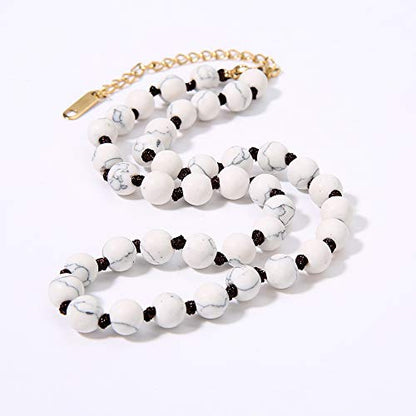 Semi Precious Stone Beaded Choker Necklace 14K Gold Plated Natural Stone Double Strand Necklace Layered Short Necklaces - color: White Howlite