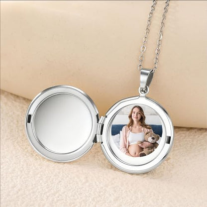 PHOCKSIN Personalized Locket Necklace for Women Photo Necklace with Customized Picture Birth Flower Birthstone Customizable Birthday Gifts - color: #14-Round Silver
