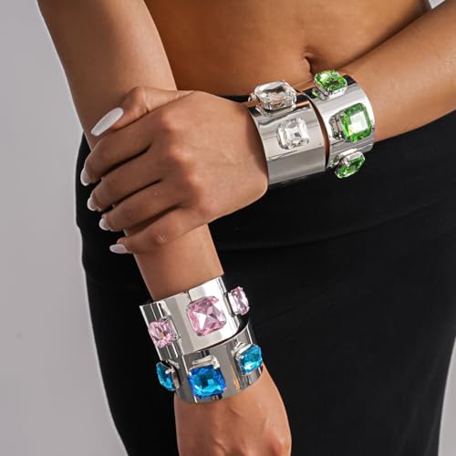 Punk Square Crystal Open Bracelet for Women Fashion Wide Cuff Bangle Bracelets Shiny Rhinestone Rectangle Charm Bangle Geometric Statement Jewelry Gifts - color: Blue