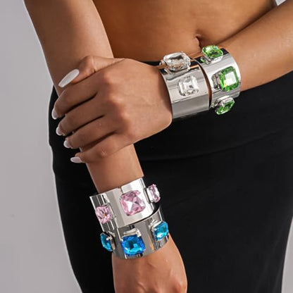 Punk Square Crystal Open Bracelet for Women Fashion Wide Cuff Bangle Bracelets Shiny Rhinestone Rectangle Charm Bangle Geometric Statement Jewelry Gifts - color: Blue