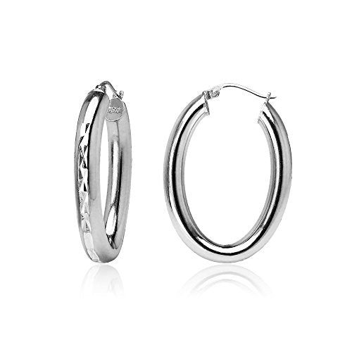 Hoops & Loops 925 Sterling Silver 4.5mm Thick Oval Diamond-Cut Hoop Earrings, 25mm 30mm, Silver, Yellow Gold, Rose Gold & Black - color: Silver 25mm-1''