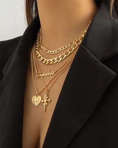 Gold Layered Necklaces for Women Chunky Layered Gold Necklaces Stacked Paperclip Chain Pearl Necklace Herringbone Toggle Clasp Choker Trendy Statement Jewelry Gifts - color: B1:gold layered necklaces