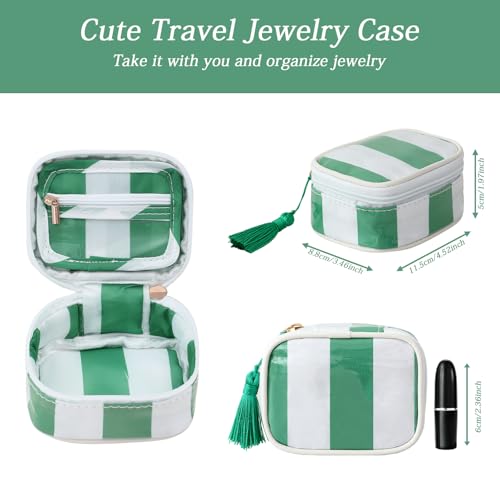 Travel Jewelry Case, White and Green | Clear Coated, Stripe, Tassels, Mini Storage Box for Ring,Necklace,Bracelet,Gift - color: White+Green