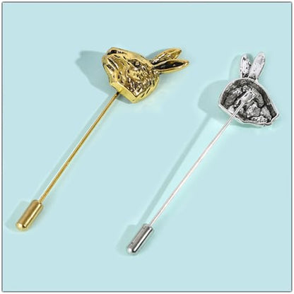 Dreuyet Simple Gold Silver Plated Long Brooch Pins with Cute Animal Antlers Leaves Plant Bees Rabbits Rose Flower Feather Brooch Jewelry for Women Men Elegant Suit Collar Lapel Pin - style: Rabbit Head