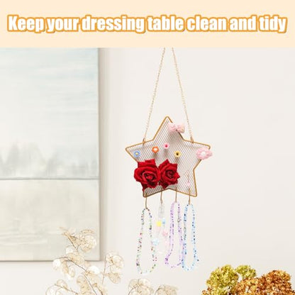 2pcs Gold Wall Mounted Earring Organizer with 10 Hooks,Decorative Jewelry Stand Diamond Grid Display Rack Hanging Hook,Metal Jewelry Holder for Home/Necklaces/Bracelets(Star+Moon) - size: Star+Moon