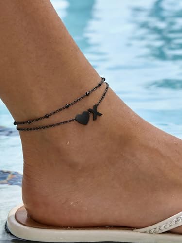 Ankle Bracelets for Women Waterproof 14K Gold/Silver/Black Initial Anklet for Women Dainty Layered Heart Ankle Bracelets Stainless Steel Adjustable Foot Chain Anklet Summer Beach Jewelry - color: X-Black