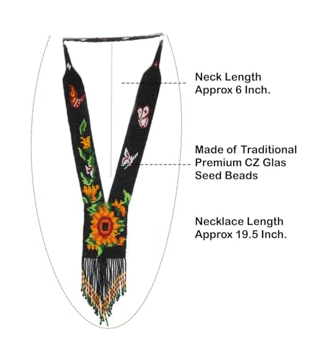 Long Beaded Necklace – Boho Native Handmade Seed Bead Tassel Necklace, Bohemian Large Statement Beaded Necklace for Women - color: Black