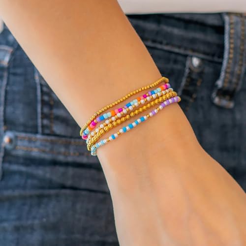 14K Gold Plated Beaded Bracelets Stack Set for Women,Stretch Boho Ball Jewelry Friendship Trendy - color: Colorful