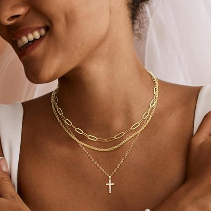 MFRYK Gold Necklaces for Women,14K Gold/Silver Plated Choker Layered Necklace Dainty Pearl Disc Cross Circle Heart Pendant Chain Stackable Necklaces, Multilayer Jewelry Set Gifts for Women - style: 3Layered Cz Cross-GD
