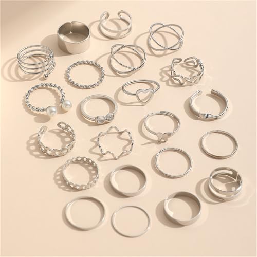 22Pcs Gold Plated Knuckle Rings Set for Women,Boho Dainty Stackable Joint Finger Midi Ring Pack Simple Cute Pearl Butterfly Heart Rings Adjustable Statement Jewelry Mixed Size - color: Silver