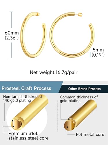 PROSTEEL Chunky Hoop Earrings for Women 14K Gold Plated/Black/Silver | 20/30/40/50/60/70/80mm Stainless Steel Thick Big Round Hoop with Waterproof and Non Tarnish Trendy Jewelry with Gift Box - color: 2. Gold, size: 60MM