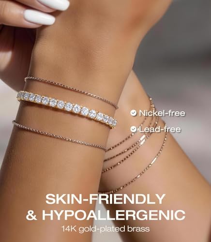 Lovans 14K Gold Plated Tennis Bracelets,White/Yellow/Rose Gold-plated Adjustable Cubic Zirconia Tennis Bracelet for Women - color: Gold, size: 4MM White