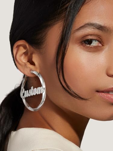FindChic Twisted Hoop Earrings for Women, Silver/Black/14K Gold Plated Hypoallergenic Hollow Tube Rounded Loop Earrings, 30mm/40mm/60mm/80mm Hoops with Custom Name Options and Gift Box - color: e.Silver (Custom Name), size: 60MM