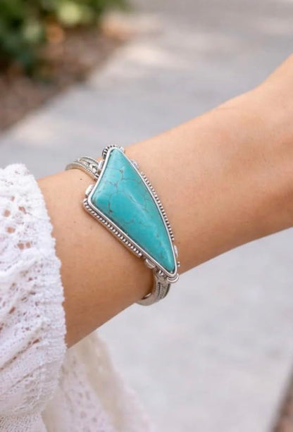 Isac Turquoise Stone Cuff Bracelet, Silver-Tone, Triangle Shape, Boho Western Style, Engraved Band