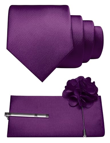 JEMYGINS Formal Necktie Solid Color Tie and Pocket Square with Tie Clip Lapel Pin Sets for Men 4PCS - color: Purple