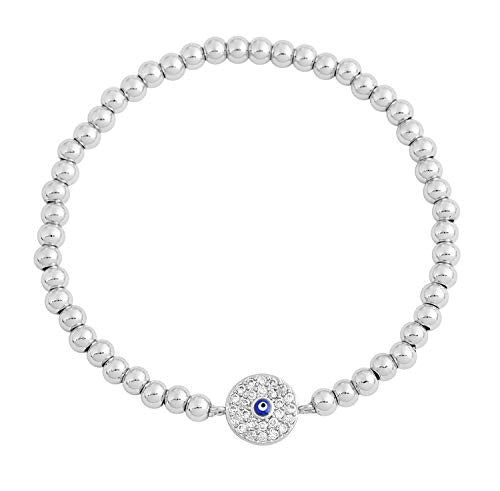 Women Evil Eye Ball chain Elastic bracelet with CZ Cubic Zirconia - color: Silver