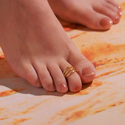 PLOMFOV 14K Gold Filled Gold Toe Rings for Women Adjustable Toe Rings Non Tarnish Solid 14K Real Gold Toe Ring - style: Triple Line