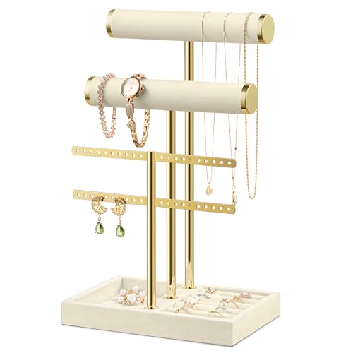 Bracelet Holder Jewelry Organizer Display - 3 Tier T Bar Velvet Stand, Beige Jewelry Storage for Bracelet, Necklaces, Earrings, Rings, Watches - color: Beige