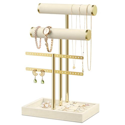 Bracelet Holder Jewelry Organizer Display - 3 Tier T Bar Velvet Stand, Beige Jewelry Storage for Bracelet, Necklaces, Earrings, Rings, Watches - color: Beige