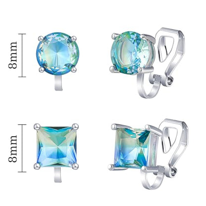 YOQUCOL 2 Pairs 8MM Cubic Zirconia Crystal Clip On Stud Earrings Non Pierced Stud Earrings For Women - color: Aurora-Blue Green