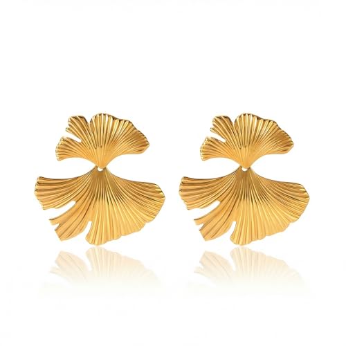 Chunky Gold Plated Flower Statement Drop Earrings for Women | Hypoallergenic 18K Gold Plated Textured Petal Wing, Large Statement Dangle Earrings for Wedding Party - color: Gold Ginkgo Leaf-C
