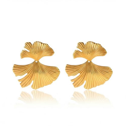 Chunky Gold Plated Flower Statement Drop Earrings for Women | Hypoallergenic 18K Gold Plated Textured Petal Wing, Large Statement Dangle Earrings for Wedding Party - color: Gold Ginkgo Leaf-C