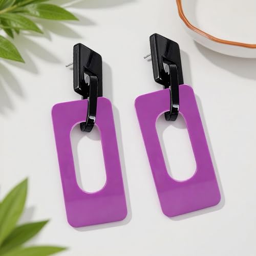 Boho Lightweight Retro Simple Acrylic Splicing Rectangle Earrings for Women Creative Exaggerated Statement Dangle Drop Earrings Jewelry - color: Black Purple