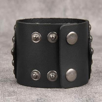 JAOYU Punk Leather Cuff Bracelet Goth Leather Wristband Rock Bracelet Biker Bracelet for Men Leather Armband Black Handmade Jewelry - color: Flower Black Leather Bracelet