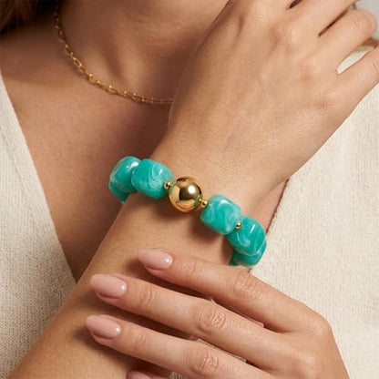 WOWORAMA Chunky Beaded Bracelets for Women Colorful Large Square Beads Bracelet Boho Acrylic Resin Stretch Bracelets Statement Chunky Bracelet Summer Jewelry - color: Square-Lake Blue