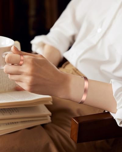 BioMag Pure Copper Bracelet & Ring for Women Men, 99.99% Solid Handmade Copper Cuff Bangle, Adjustable Jewelry Gift with Gift Box - color: Rose Gold (Matte)