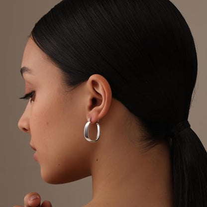 LeCalla Sterling Silver Hoop Earrings for Women | Lightweight Silver Chunky Hoop Earrings | Handmade Electroform Hollow Italian Design Click-Top Earrings Hoop - color: Puff Oval Shape
