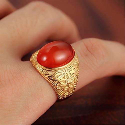 Retro Unisex Stainless Steel Oval Gemstone Hollow Flower Carved Signet Ring - color: Gold-Red