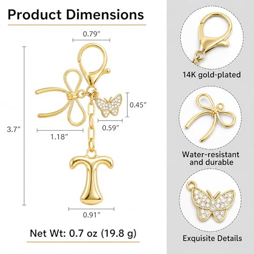 Gold Bubble Heart, Cherry, Bow & More Designs Letter Initial Keychain Bag Charms – Cute Purse Charms for Handbags - color: Bow & Butterfly, style: T