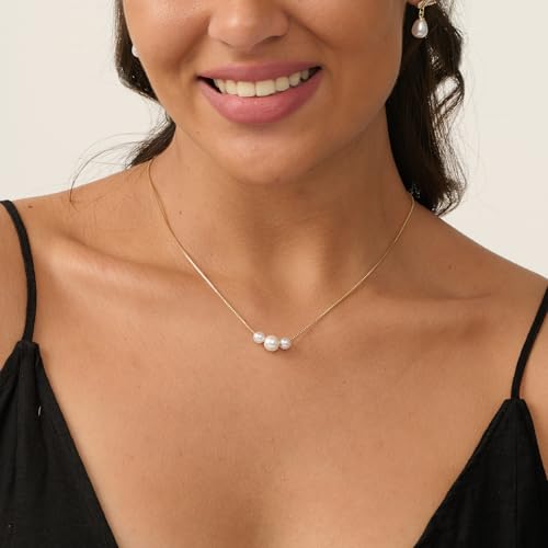Pearl Necklace for Women- 14K Gold-plated/White Gold-plated Dainty Pearl Necklace for Women - color: Gold 3pearl box chain