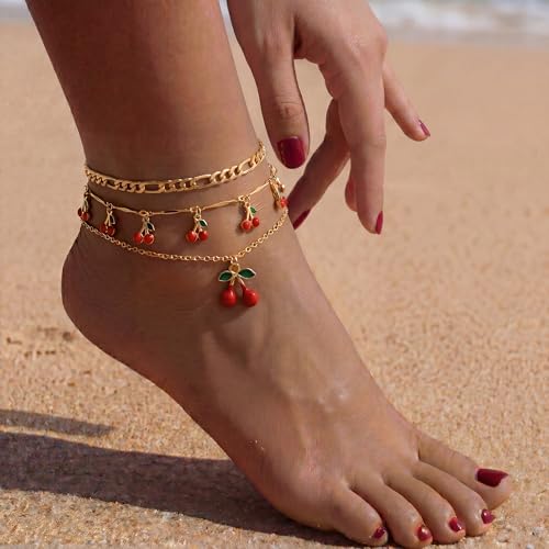 Fesciory Gold Plated Ankle Bracelets for Women, Adjustable Layered Flower Cherry Charm Anklets, Summer Hawaiian Beach Foot Jewelry Gifts - color: Cherry