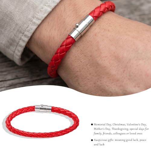 Faux Leather Braided Rope Bracelet, Cylindrical Plug In Clasp Solid Red Thread Hand Chain Unisex Casual Wristband - color: Red