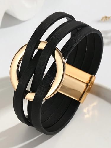 Fesciory Leather Wrap Bracelet for Women, Boho Western Layered Cuff Jewelry | Stackable Bracelets, Easy-On Clasp, Daily Wear, Pairs with Boho Western Outfits, Gift for Women - color: Black14