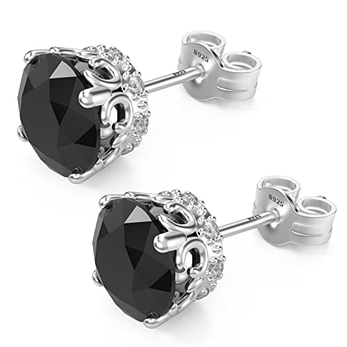 Round Cut Cubic Zirconia Stud Earrings for Men Women | Brilliant CZ Simulated Diamond, 18K White Gold Plated Sterling Silver, Hypoallergenic - color: Black