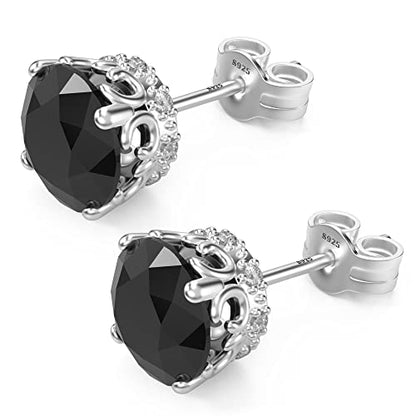 Round Cut Cubic Zirconia Stud Earrings for Men Women | Brilliant CZ Simulated Diamond, 18K White Gold Plated Sterling Silver, Hypoallergenic - color: Black