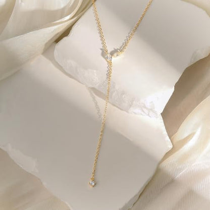 LuckFairy Lariat Necklace for Women，Dainty Gold Long Necklaces 14k Gold Plated CZ Lips Bead Y-Shaped Drop Chain Necklace Simple Gold Layered Necklaces for Women Trendy Gold Jewelry Gifts for Women - color: LEAF CZ